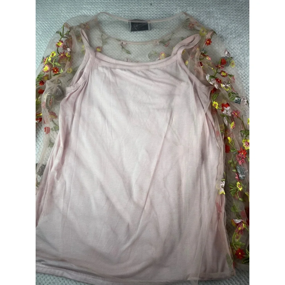 Ruff Hewn Grey Pink Floral Embroidered Mesh Overlay Top Camisole Set Medium‎
